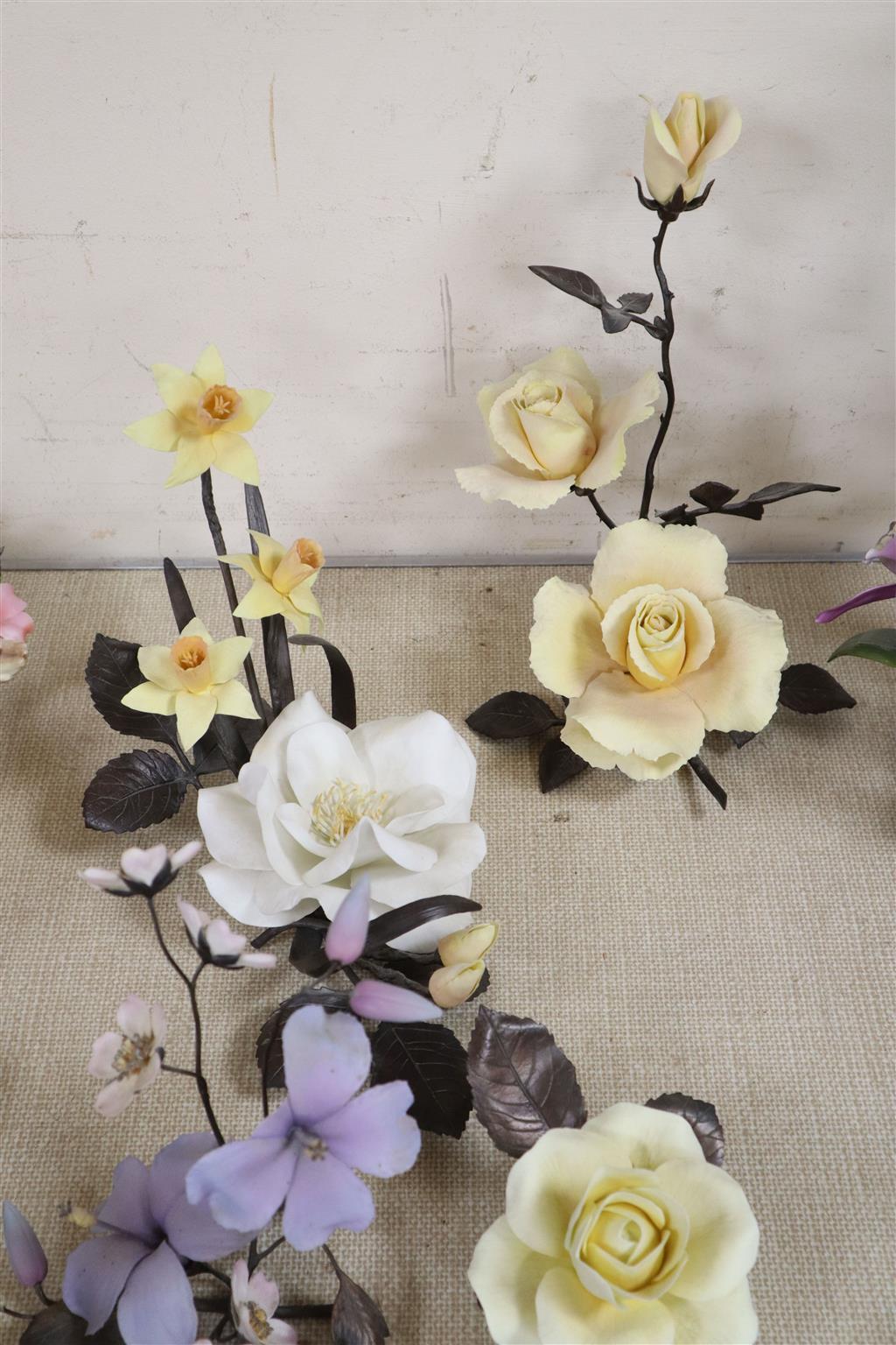 Five Boehm flower groups - two Elegance, Blue Hibiscus with Peach Blossom and another Princess Diana Rose with Daffodils and Yellow Ros